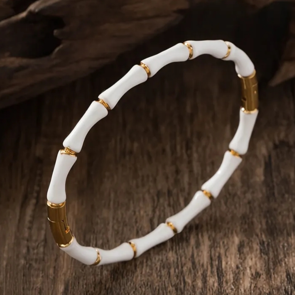 18 Kt Gold Over Titanium White Enamel Bamboo Bracelet